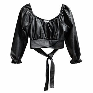 BEYOND THE RADAR Faux Leather Off Shoulder Crop Top Sz XL Black Puff Sleeve EUC!